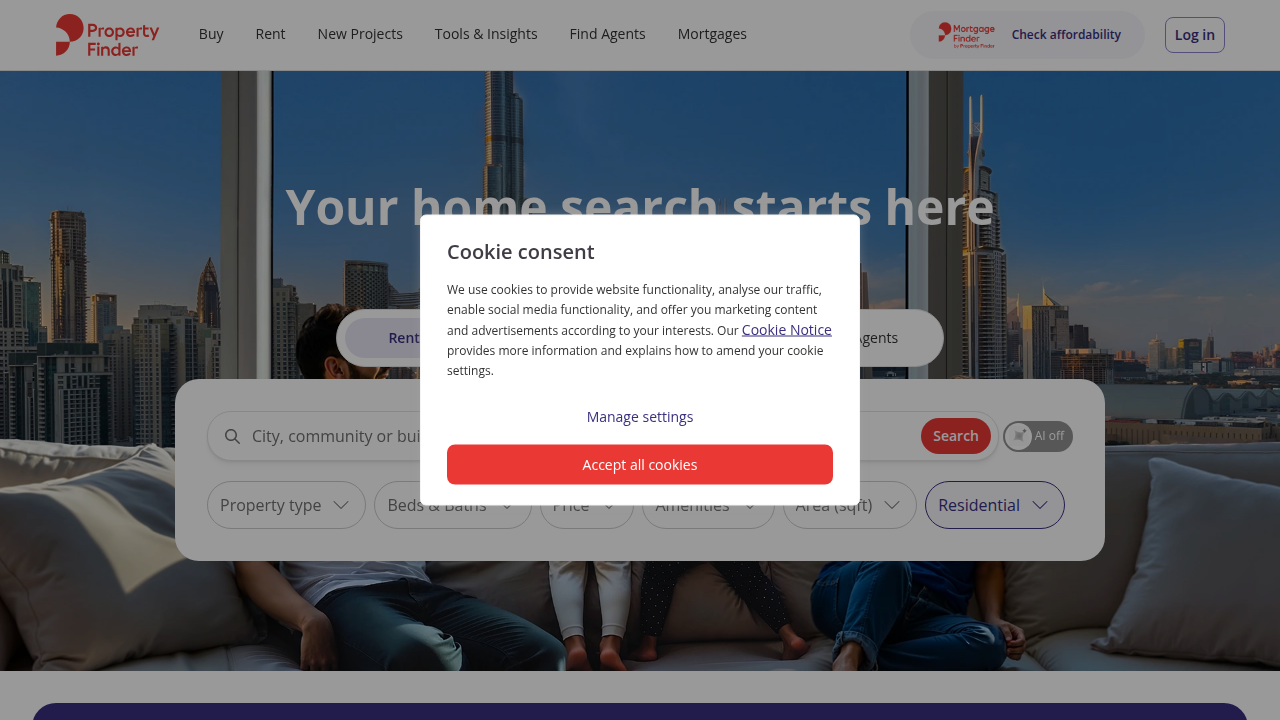The homepage of Property Finder, a leading real estate portal for searching properties in Dubai.