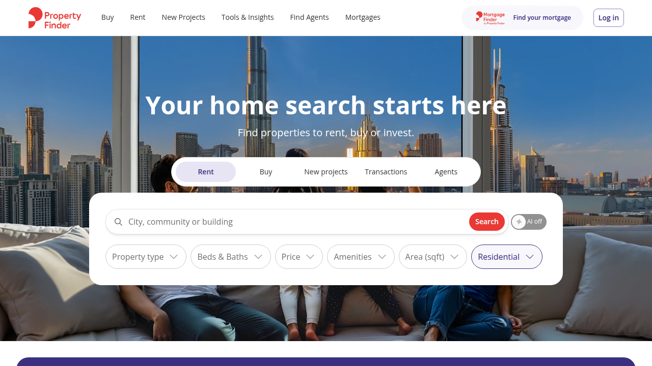 Screenshot of the Property Finder website, a leading platform for real estate listings and market insights in Dubai.