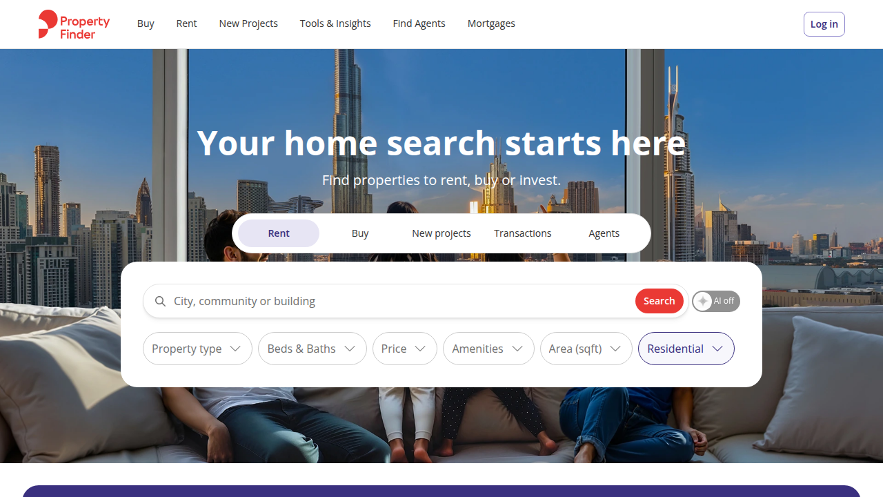 Screenshot of the Property Finder website, a leading platform for real estate in Dubai.
