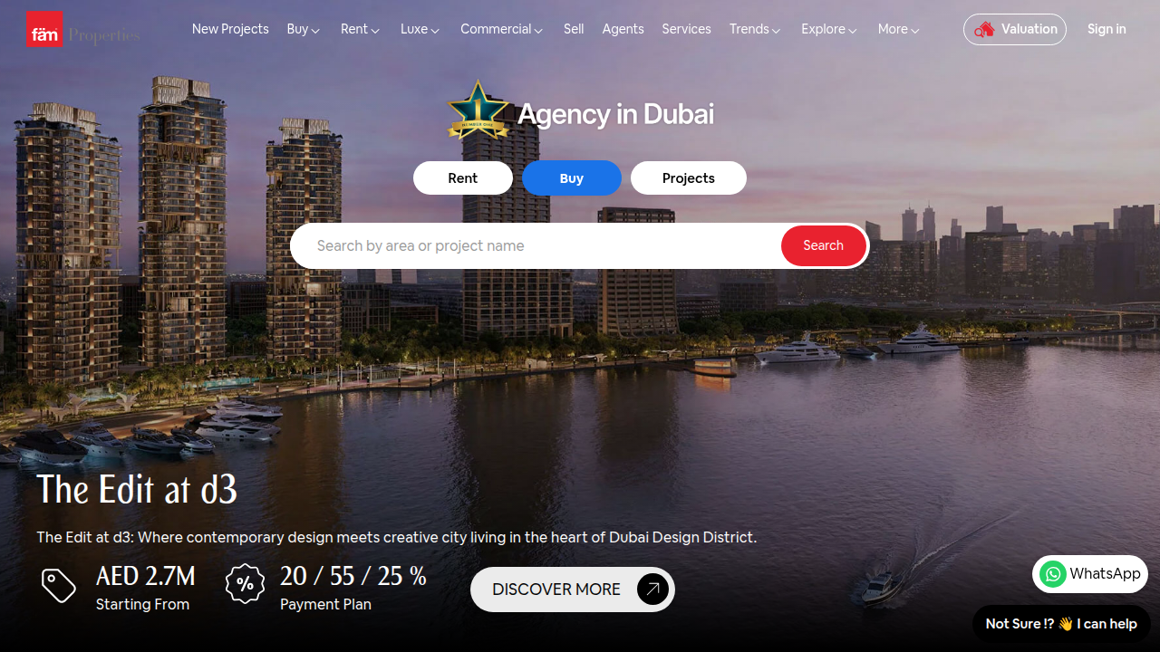 The official website of Fam Properties, showcasing their range of real estate services in Dubai.