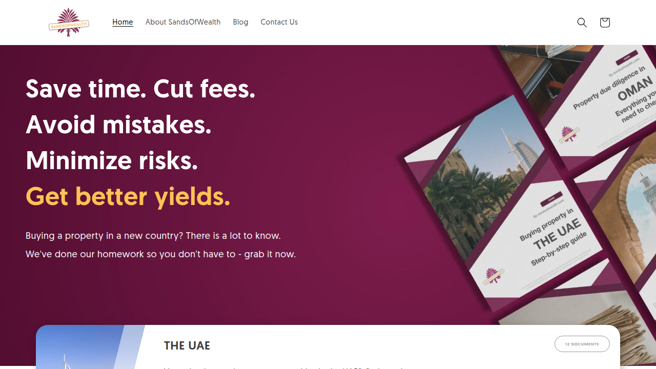 Screenshot of the Sands of Wealth website, a resource for Dubai real estate market analysis.