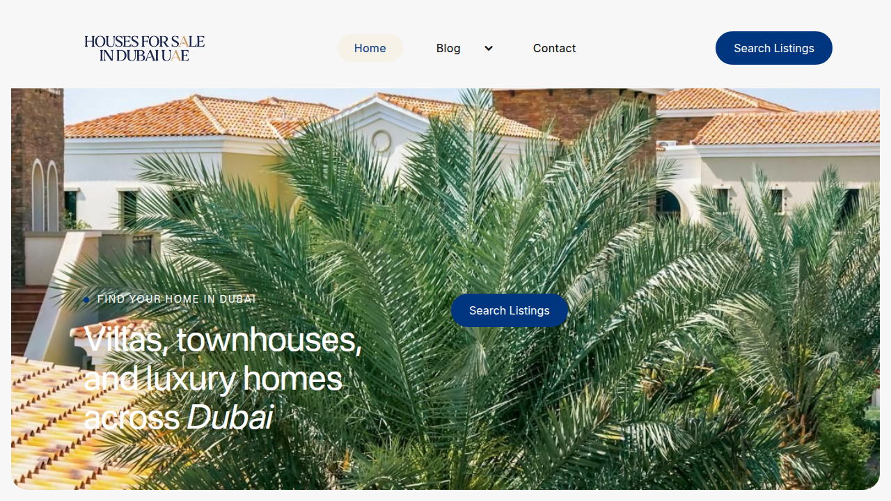 Screenshot of the Houses for Sale in Dubai UAE website, offering property listings and guides.