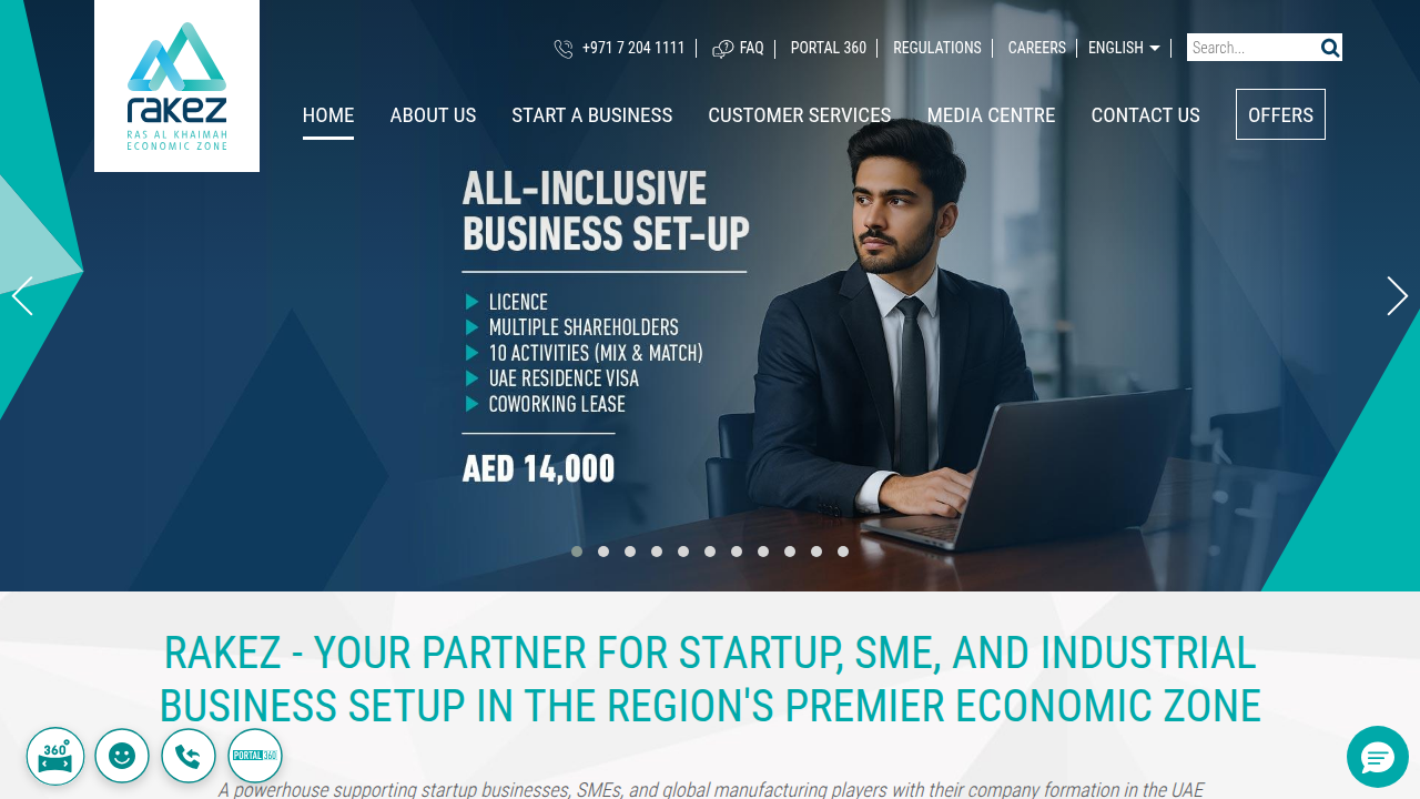 Screenshot of RAKEZ.com, featuring information on UAE part-time work visas and permits for freelancers and employees.