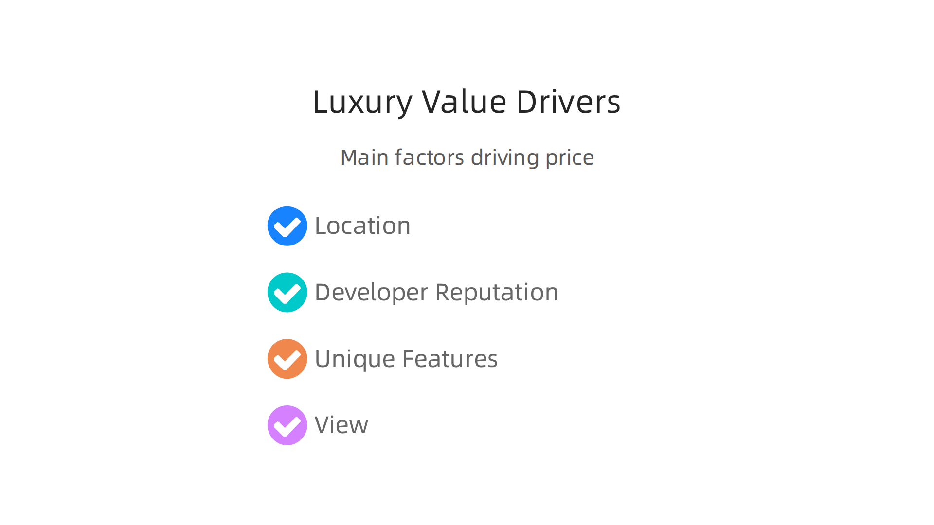 An infographic showcasing the main factors that determine the value and price of luxury properties in Dubai.