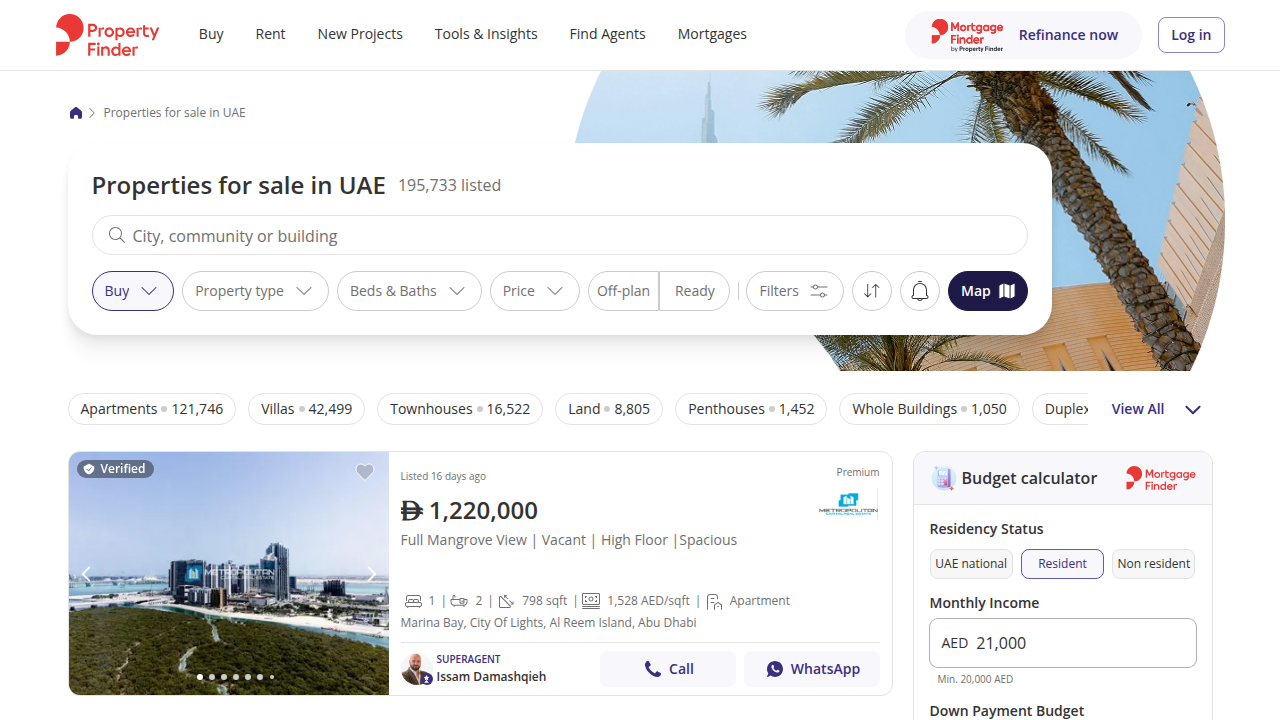 Screenshot of Property Finder UAE, a major online real estate platform for property search in the Emirates.