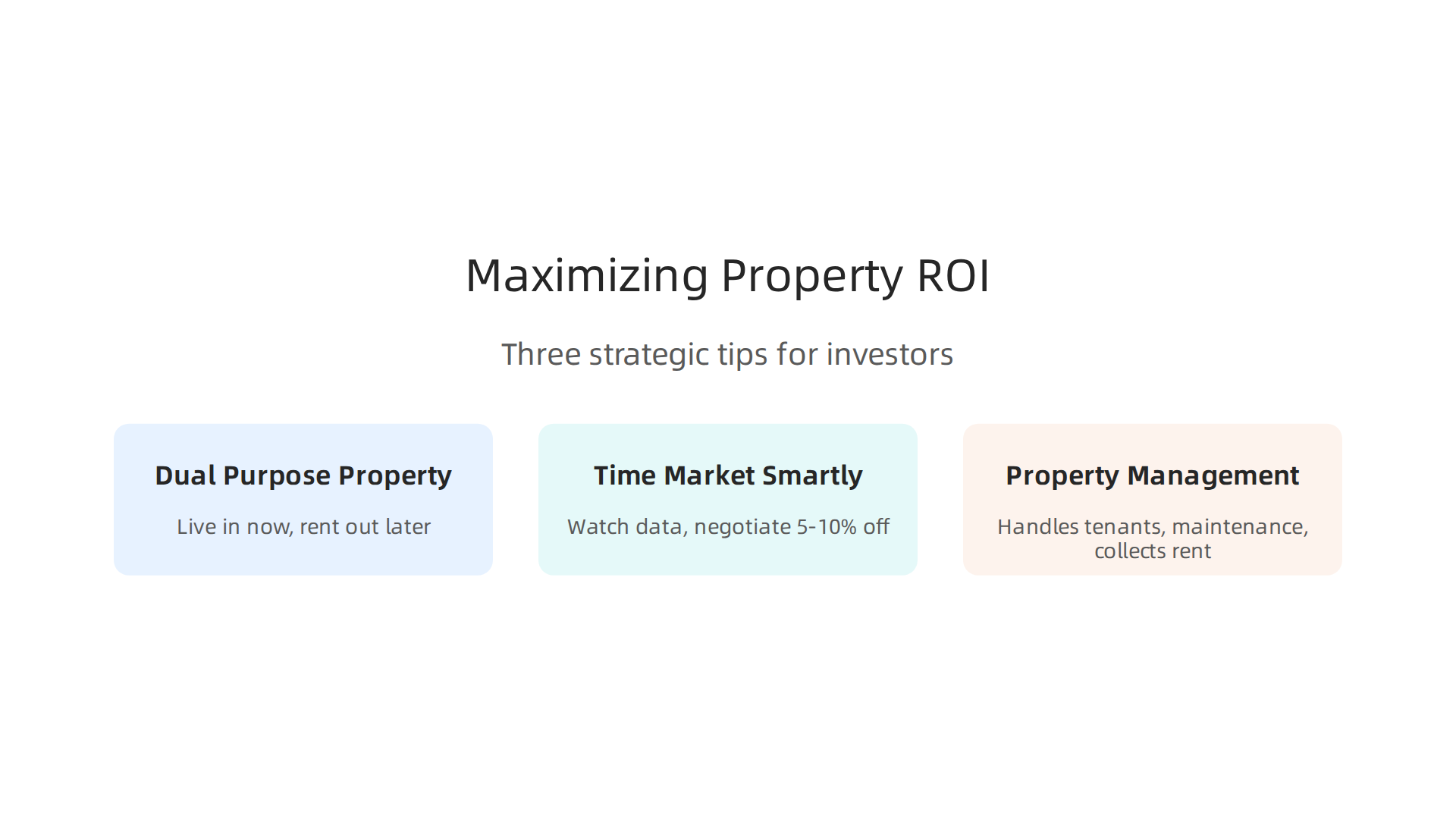 Three strategic tips for investors to maximize their return on investment in the Dubai property market, from dual-purpose properties to smart negotiation.