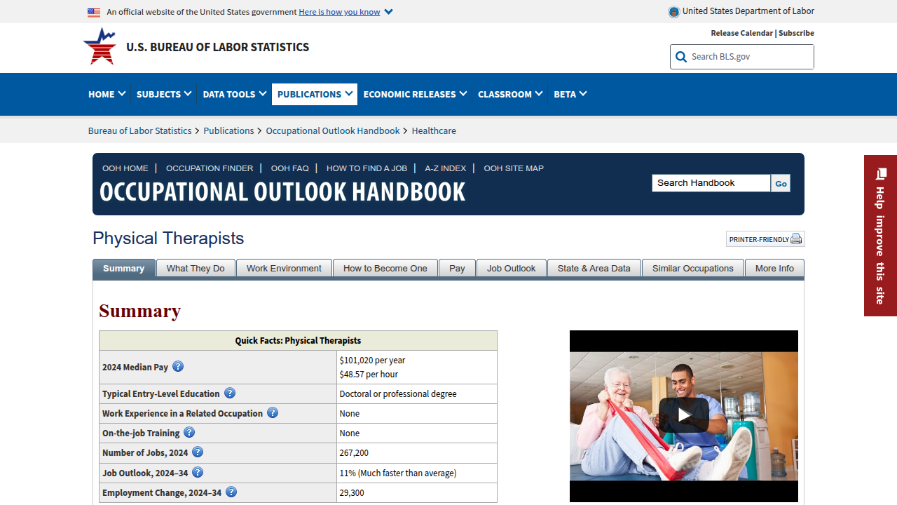 The U.S. Bureau of Labor Statistics Occupational Outlook Handbook provides data on physical therapist job growth.