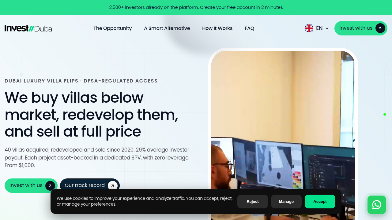 A screenshot of the Invest Dubai website, offering insights into property prices and market trends.