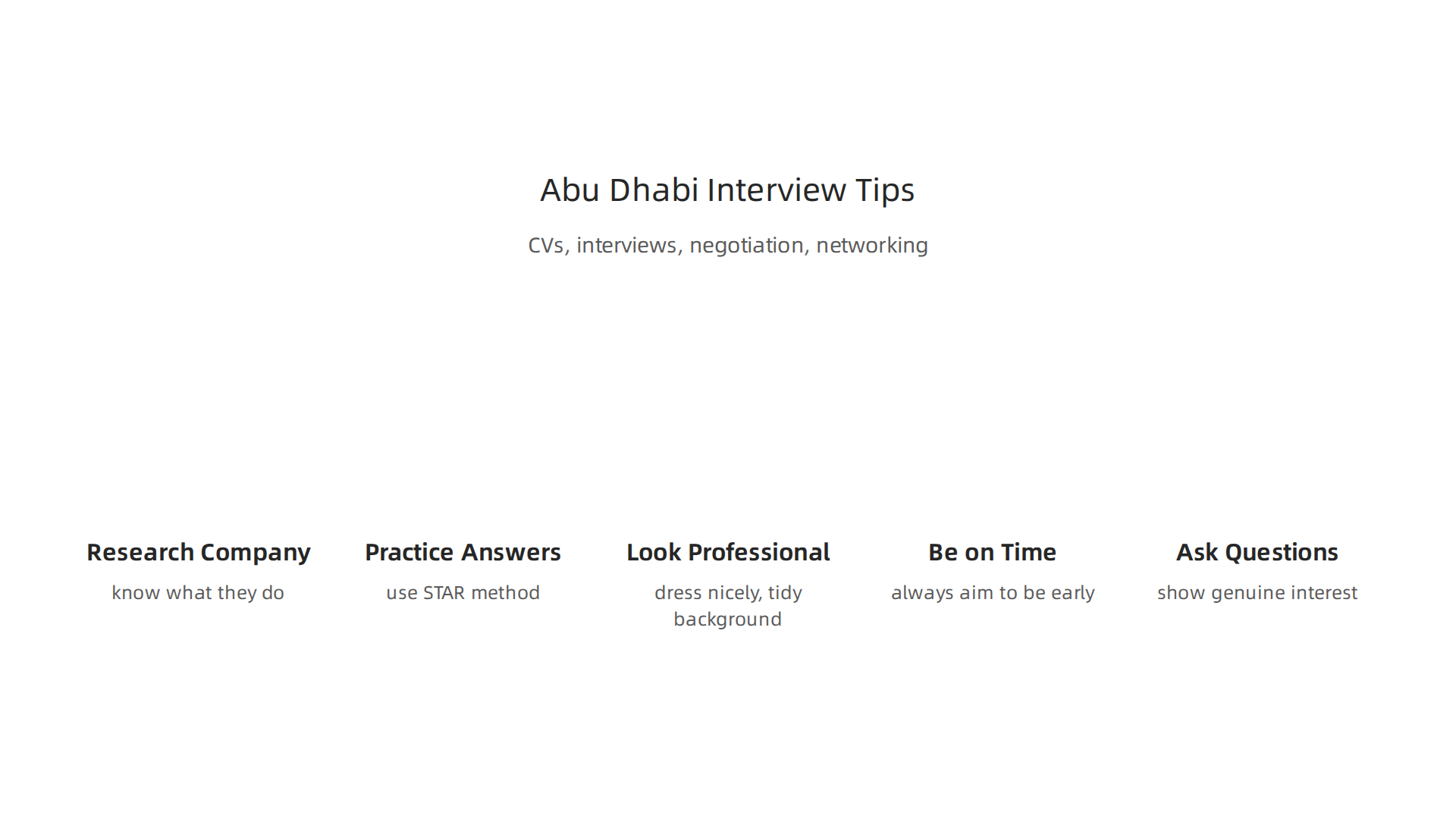 An infographic summarizing key tips for successful job interviews in Abu Dhabi.