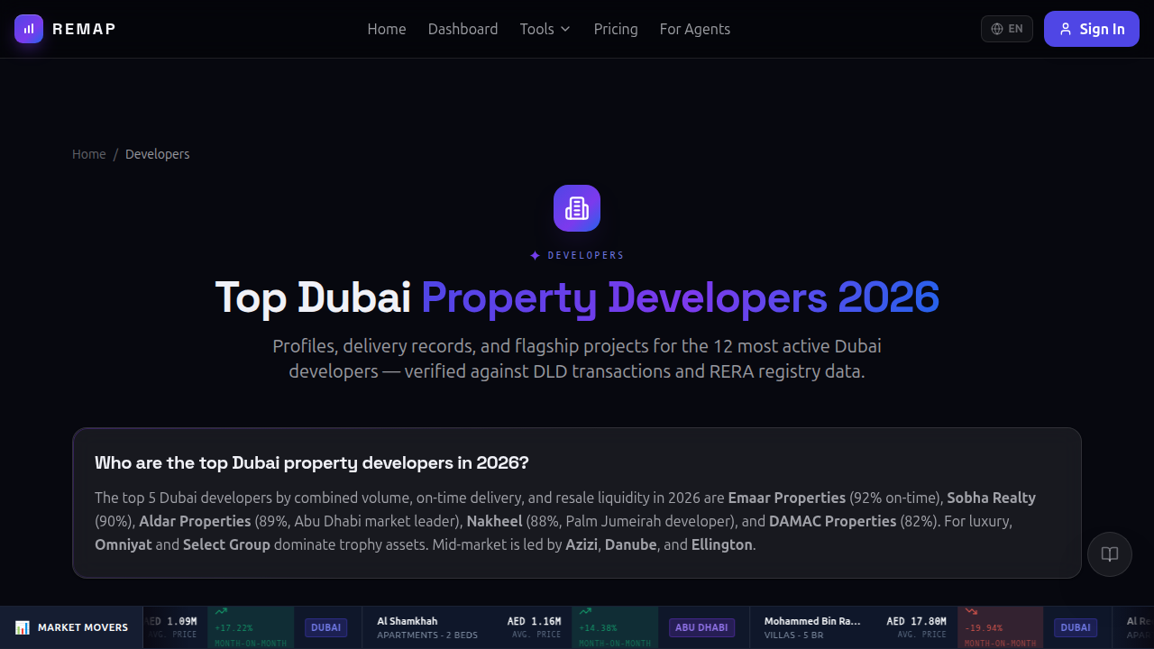 A screenshot of the REMAP website's developers section, highlighting various property developers in Dubai.