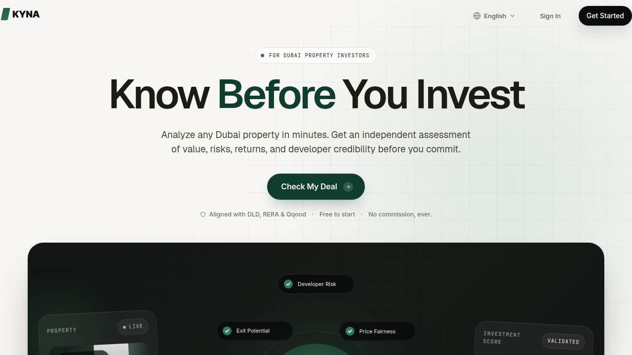 A screenshot of the Kyna.ai website, showcasing their property verification tools for Dubai.