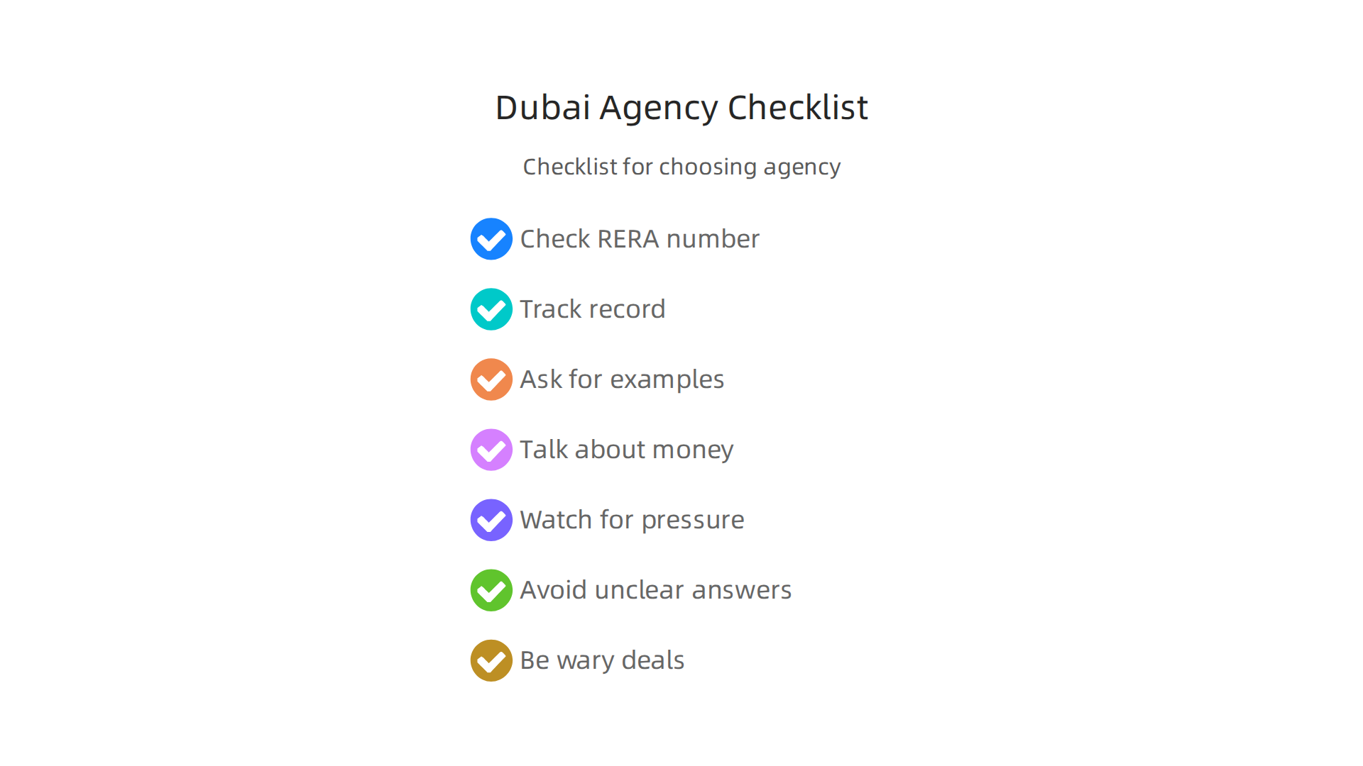 A practical checklist to guide individuals in selecting the most suitable real estate agency for their specific property goals in Dubai.