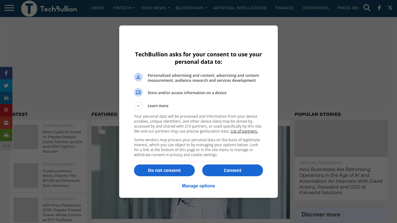 The TechBullion homepage, a source for articles, including rankings of top real estate brokerage companies in Dubai.